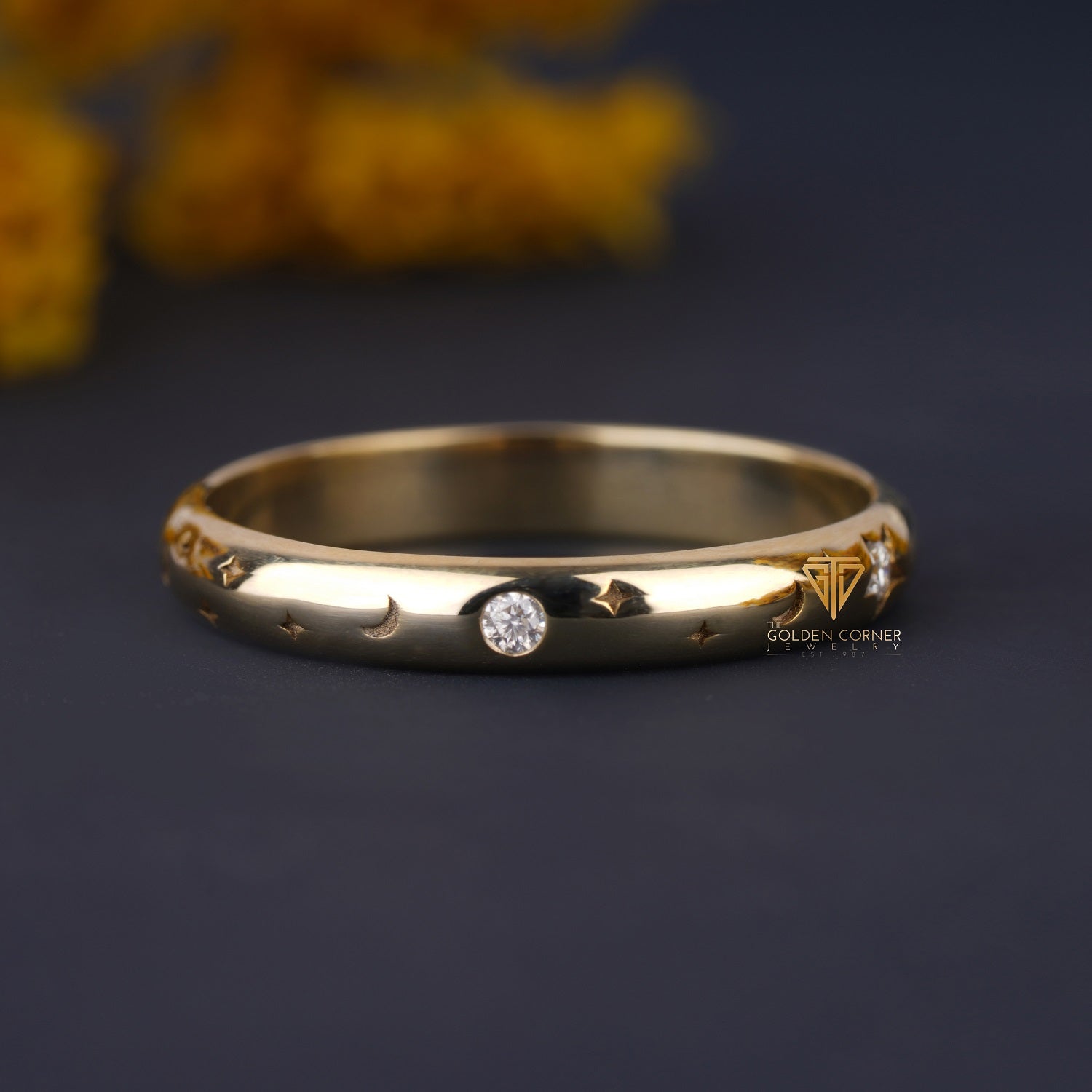 0.15 CT Moon And Stars Round Shape Moissanite Wedding Band