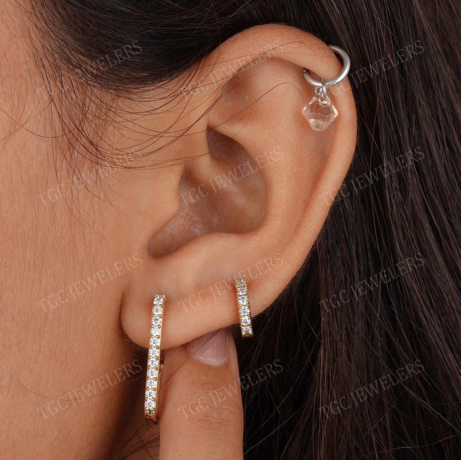 Dainity Pave Style Round Shape Moissanite Huggie Hoop Earring