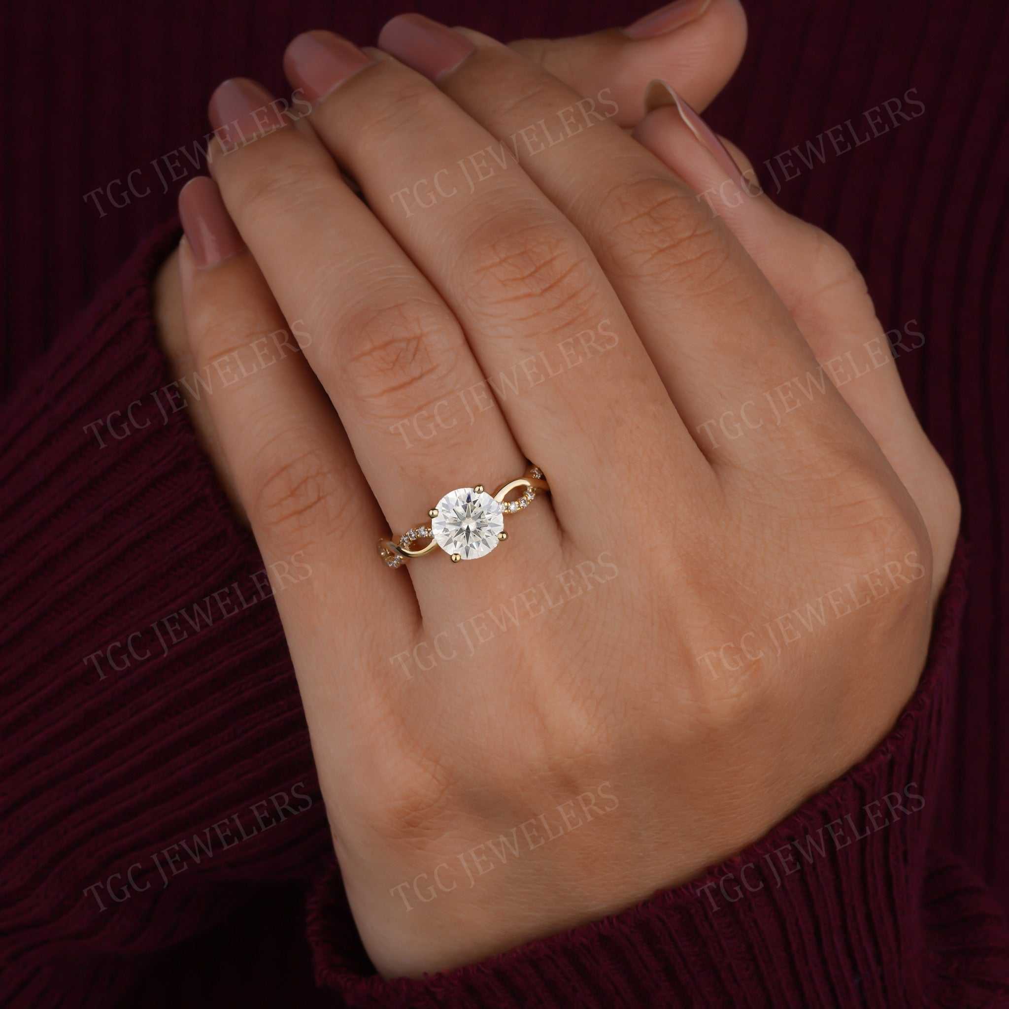 Round Moissanite Infinity Pave Set Twisted Shank Engagement Ring