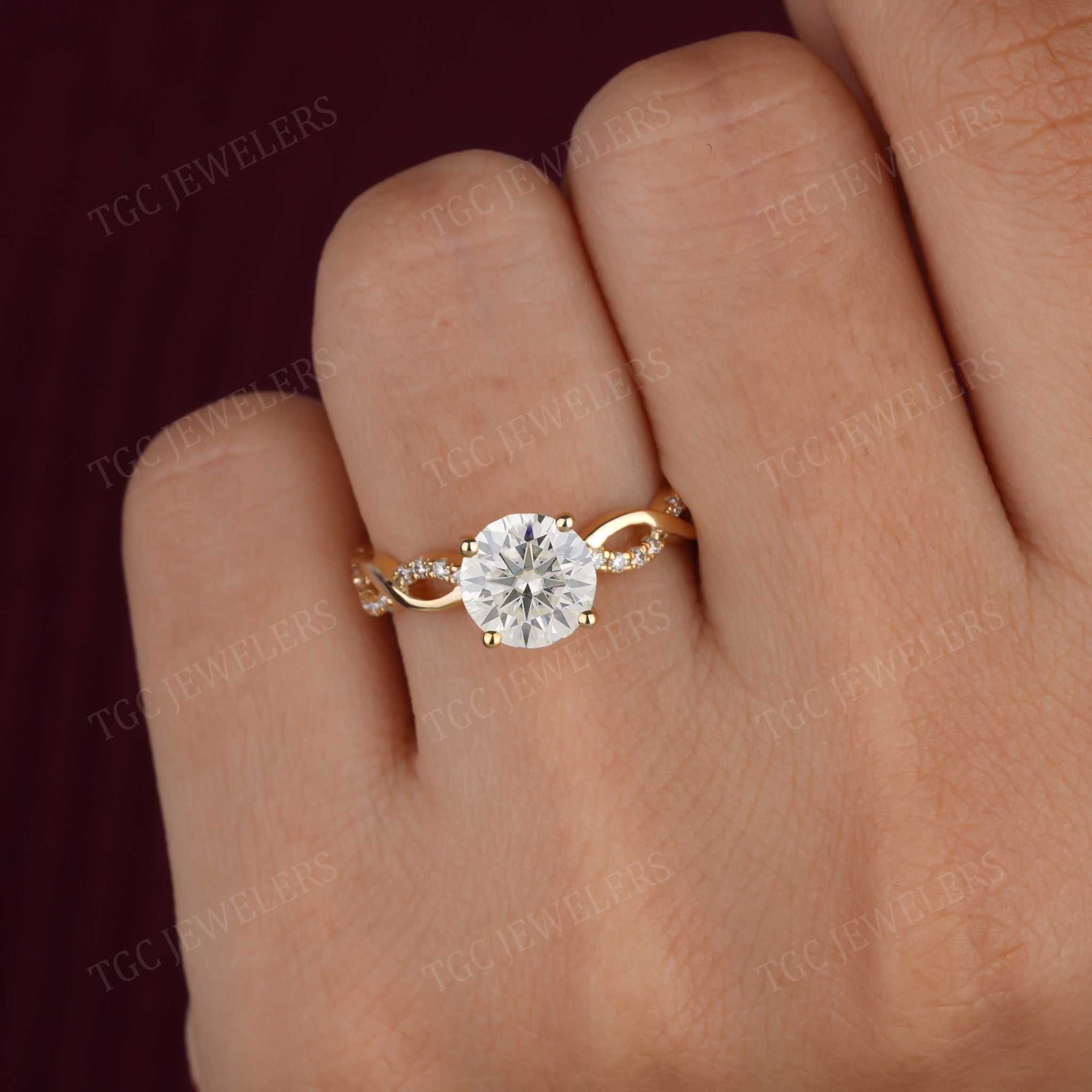 Round Moissanite Infinity Pave Set Twisted Shank Engagement Ring