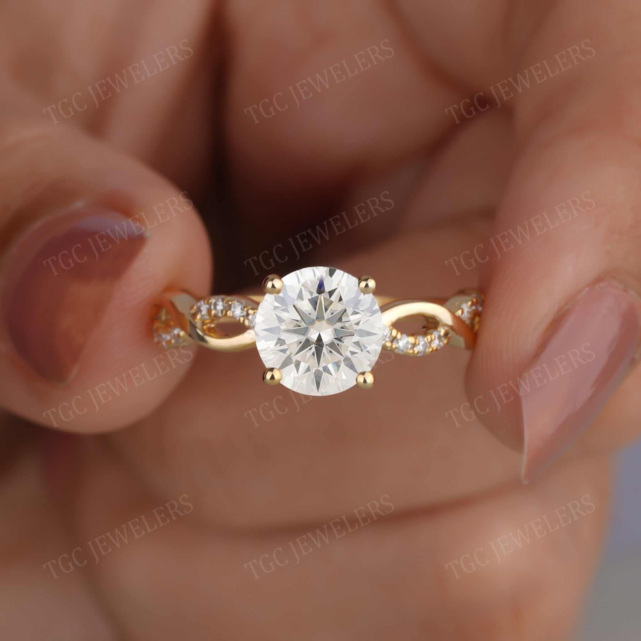 Round Moissanite Infinity Pave Set Twisted Shank Engagement Ring