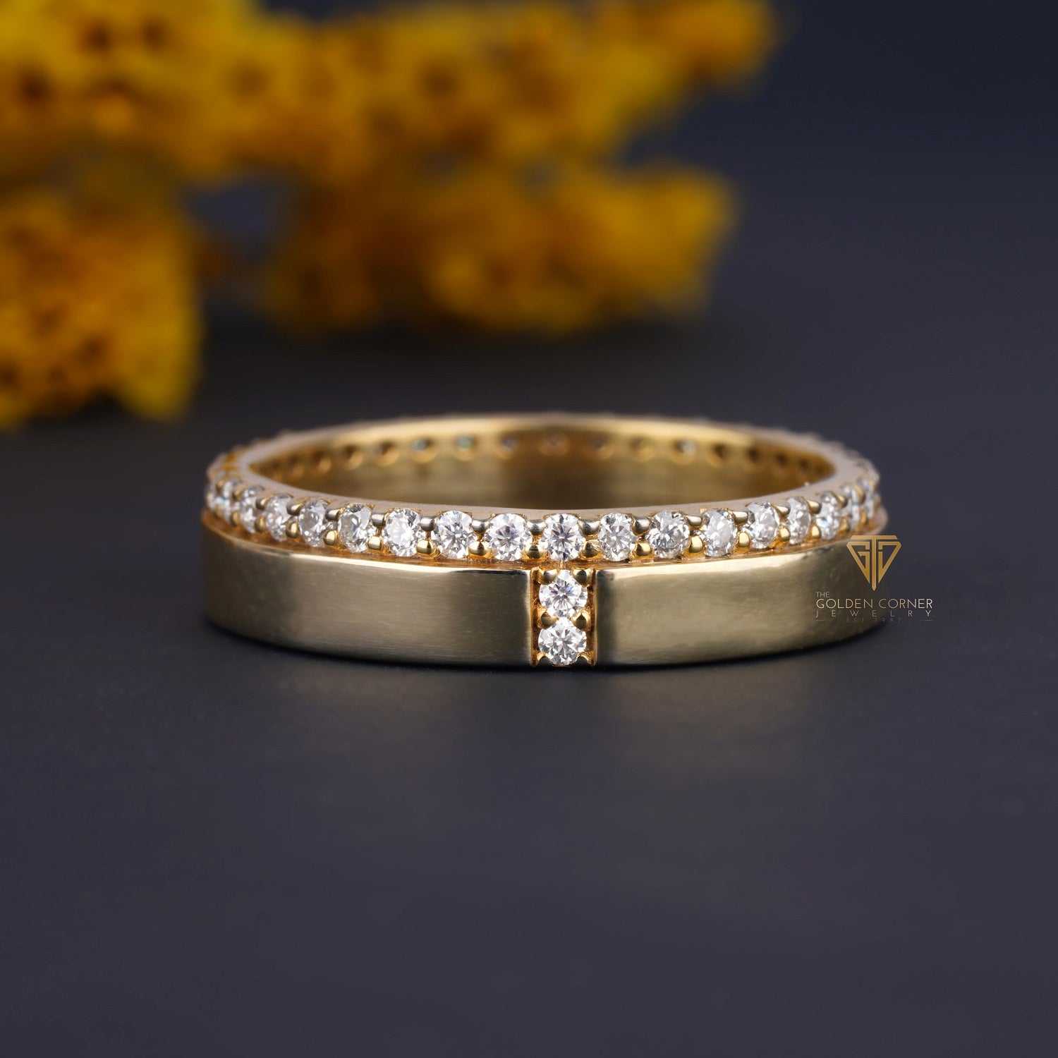 One Side Pave Full Eternity Moissanite Wide Plain Wedding Band