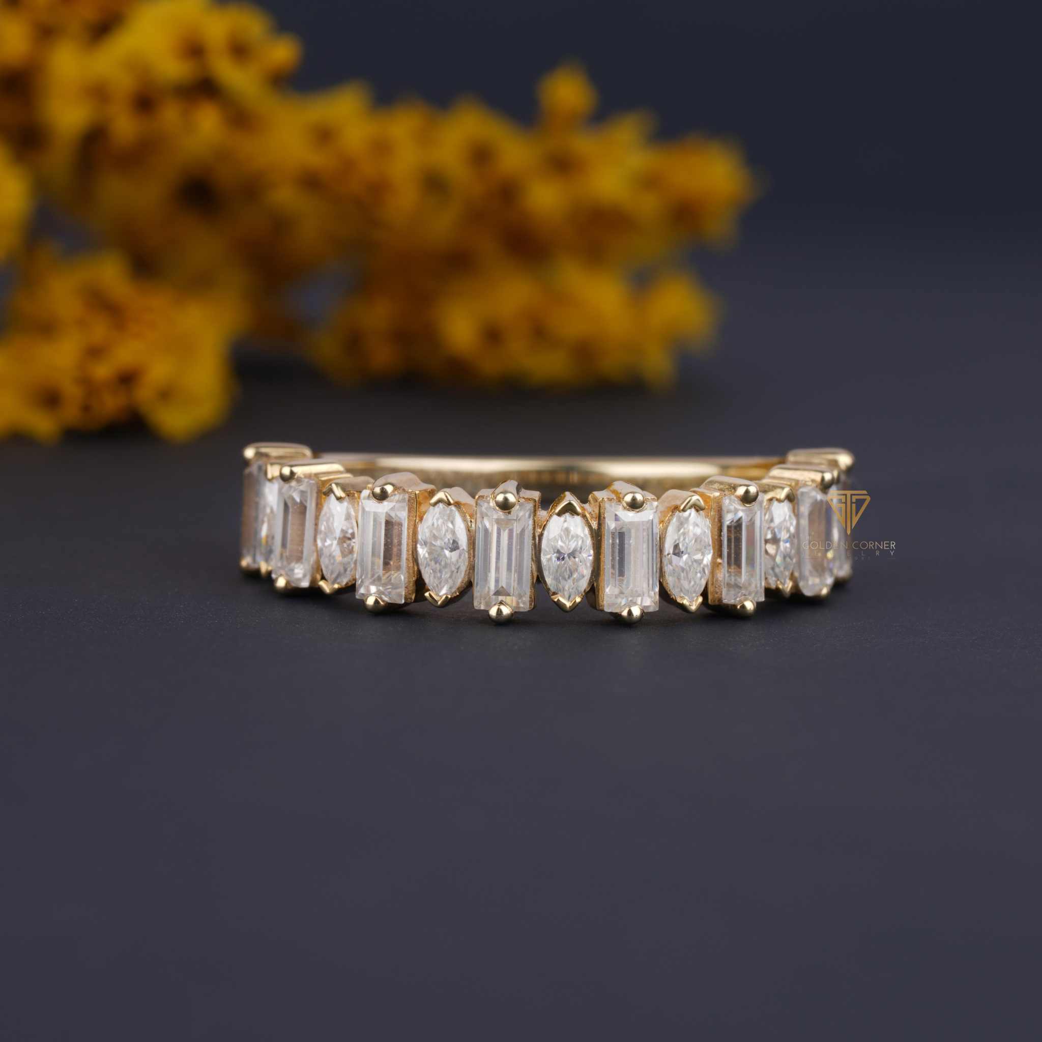 Baguette and Marquise Cut Moissanite Half Eternity Wedding Band