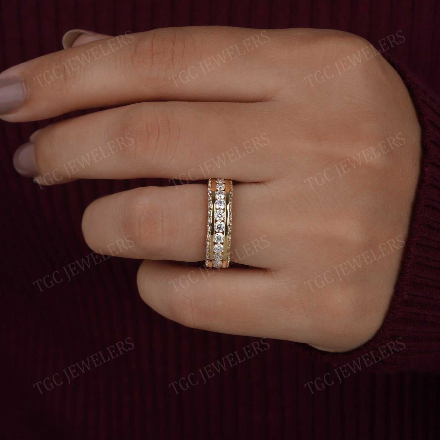 Moissanite Channel Set Round Shape Prong Set Full Eternity Band