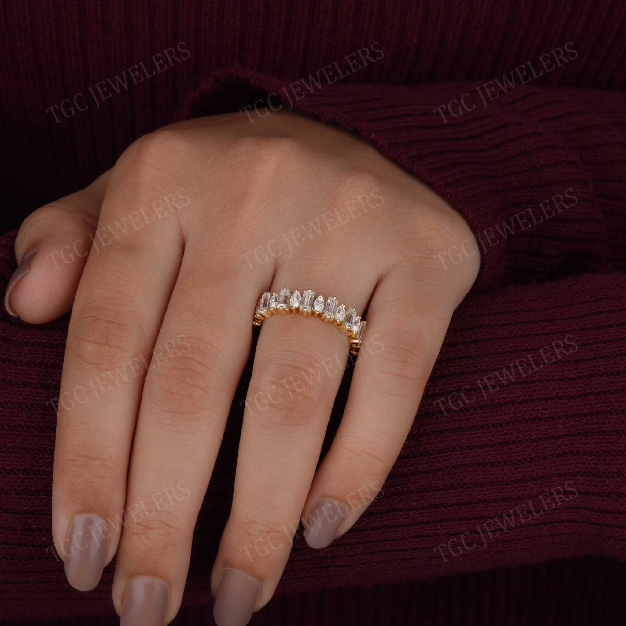 Baguette and Marquise Cut Moissanite Half Eternity Wedding Band