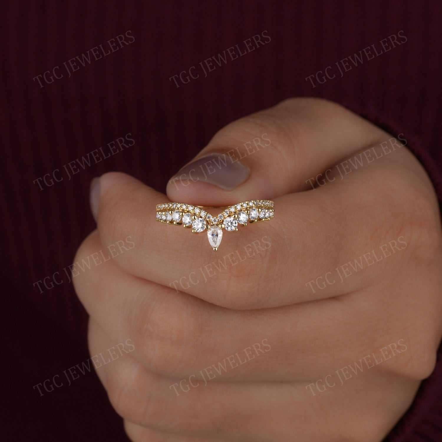 Curved V-Shape Marquise & Round Cut Tiara Half Eternity Matching Band