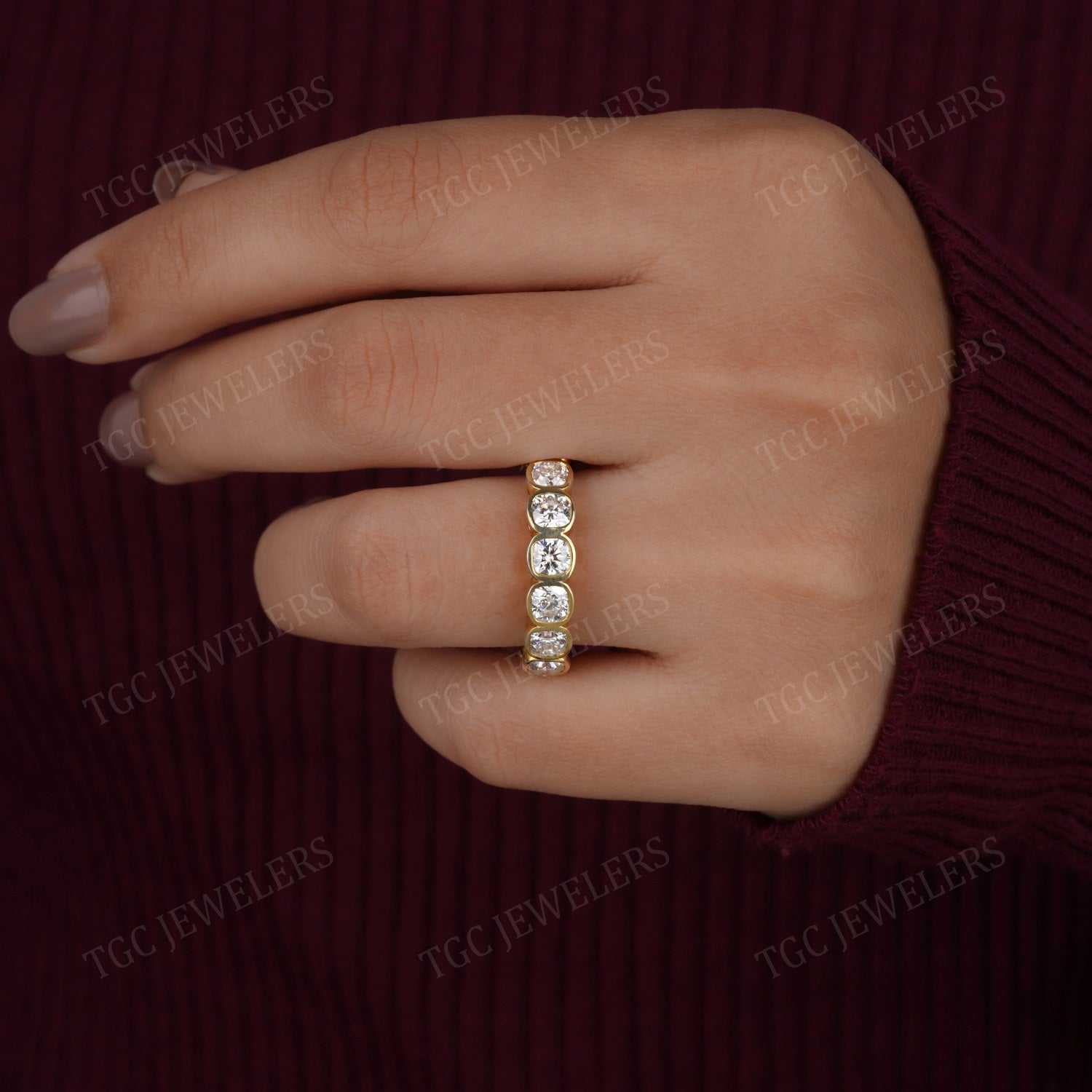 Bezel Set Cushion Cut Moissanite Full Eternity Band