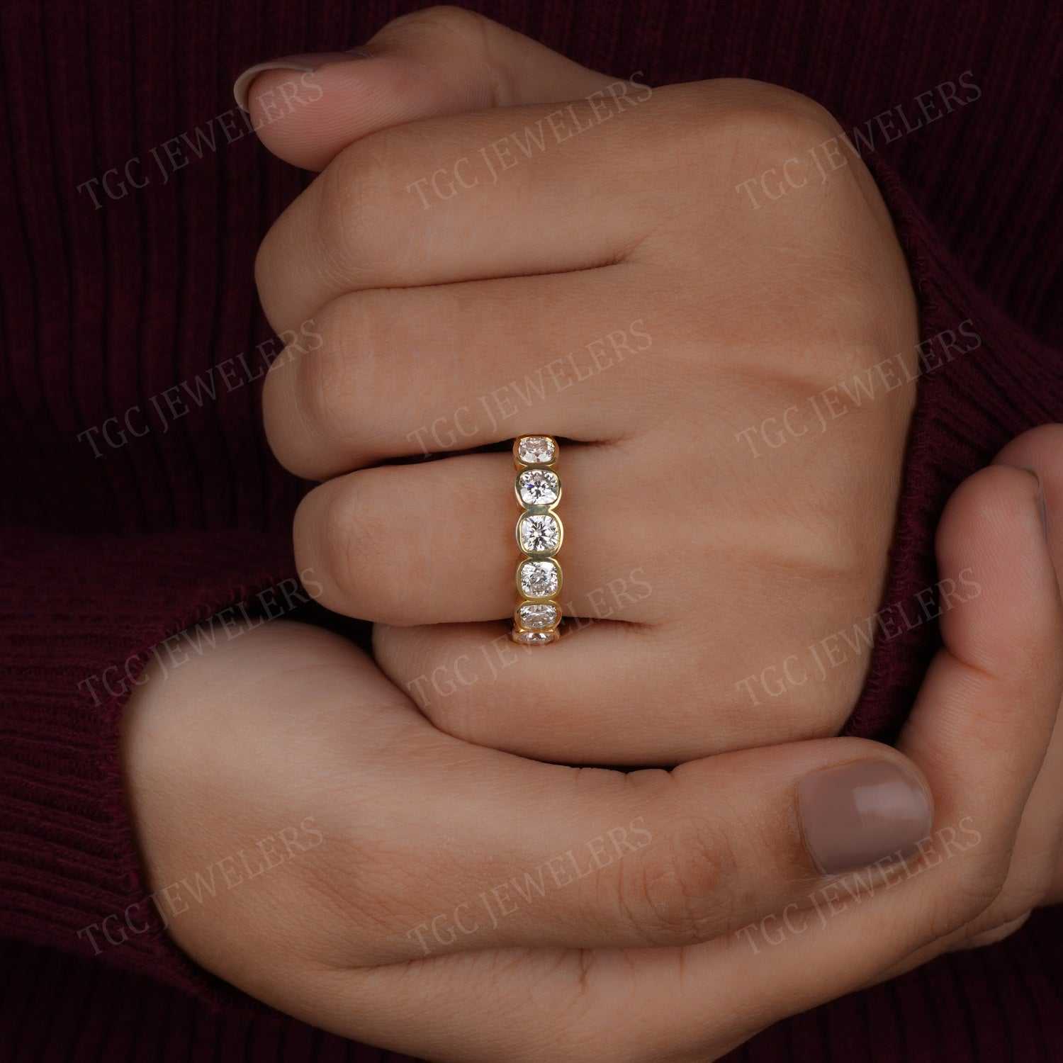 Bezel Set Cushion Cut Moissanite Full Eternity Band