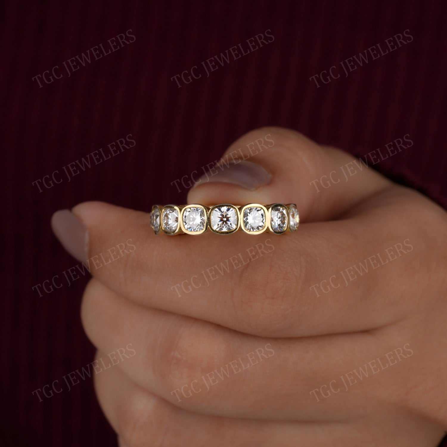 Bezel Set Cushion Cut Moissanite Full Eternity Band