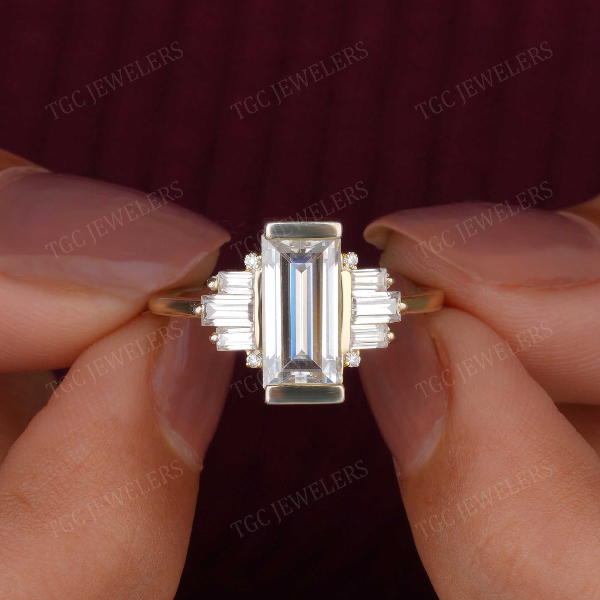 Art Deco Baguette Cut Moissanite Womens Engagement Ring