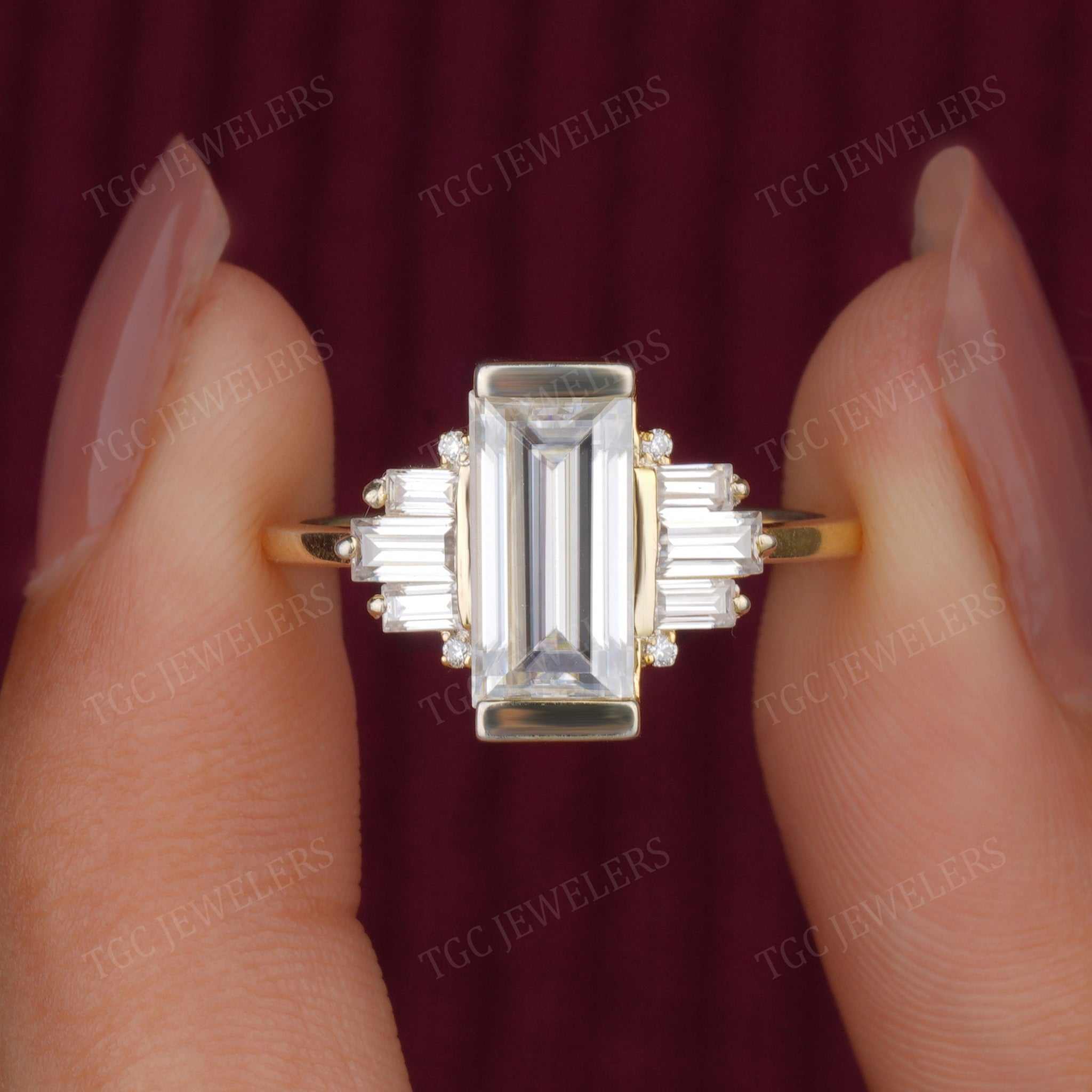 Art Deco Baguette Cut Moissanite Womens Engagement Ring