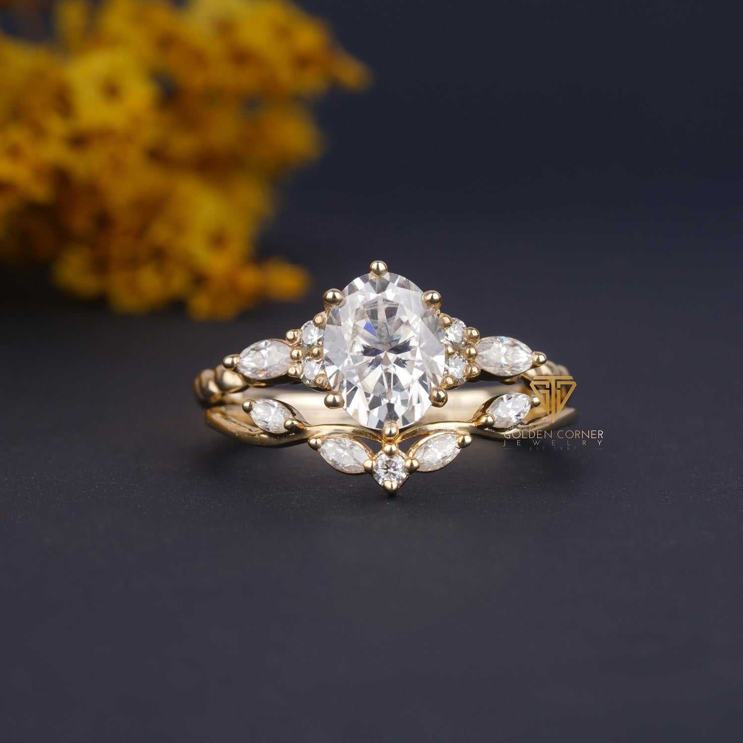 Curved Moissanite Vintage Unique Bridal Band Ring Set