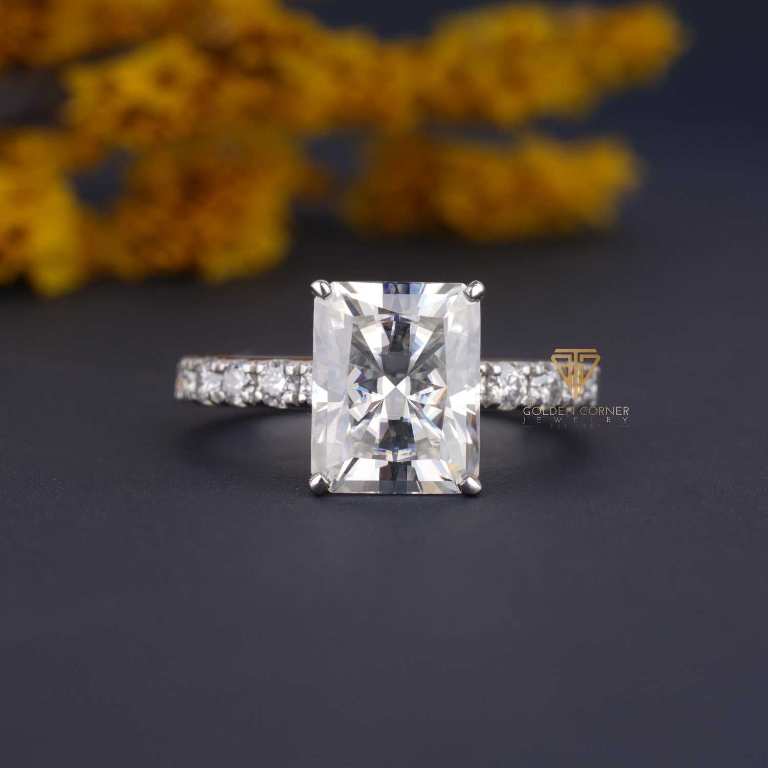 Prong Set Hidden Halo Radiant Shape Moissanite Ring