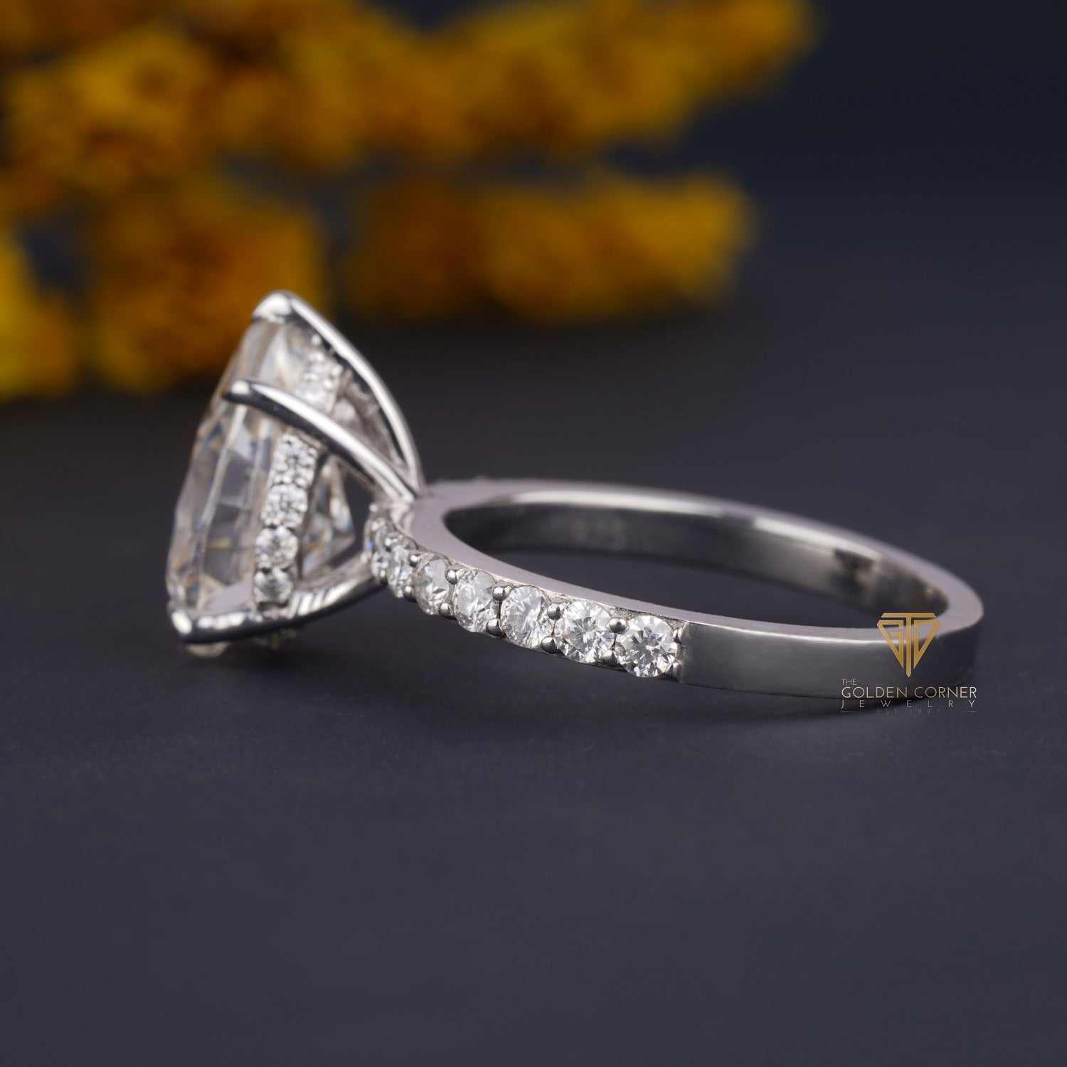 Pear Shape Hidden Halo Prong Set Moissanite Ring