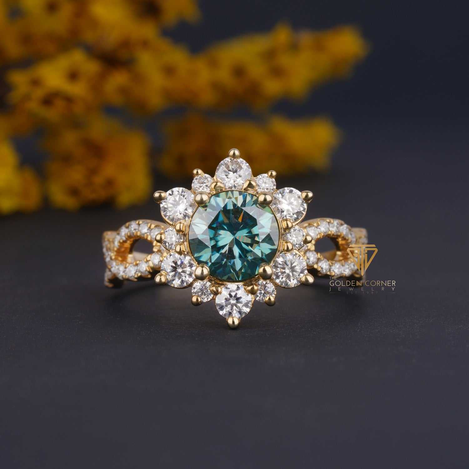 Vintage Halo Round Cut Cyan Blue Moissanite Ring