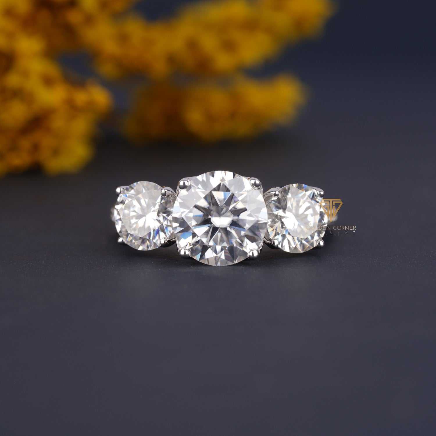 3.0 CT Three Stone Round Shape Moissanite Prong Set Ring