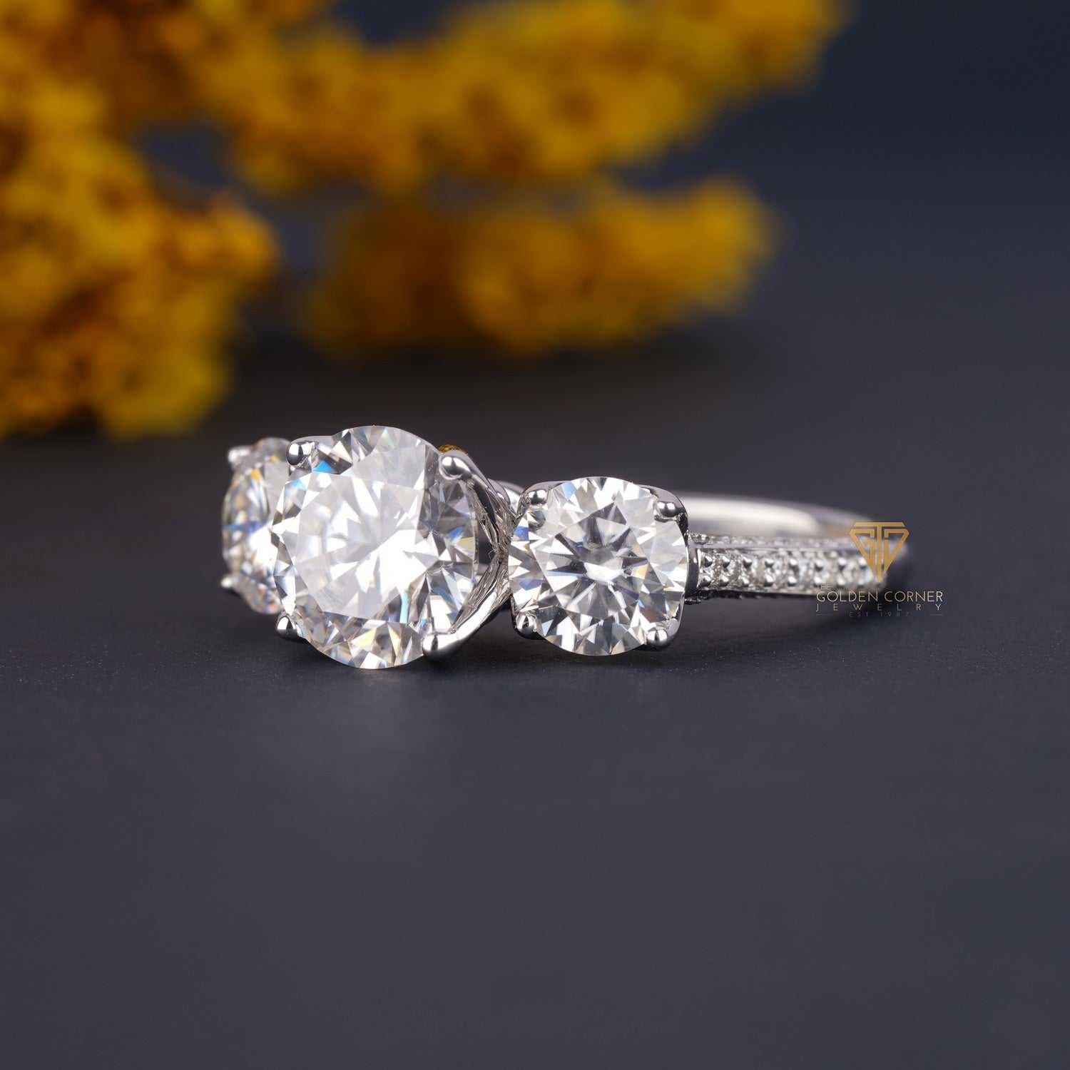 3.0 CT Three Stone Round Shape Moissanite Prong Set Ring