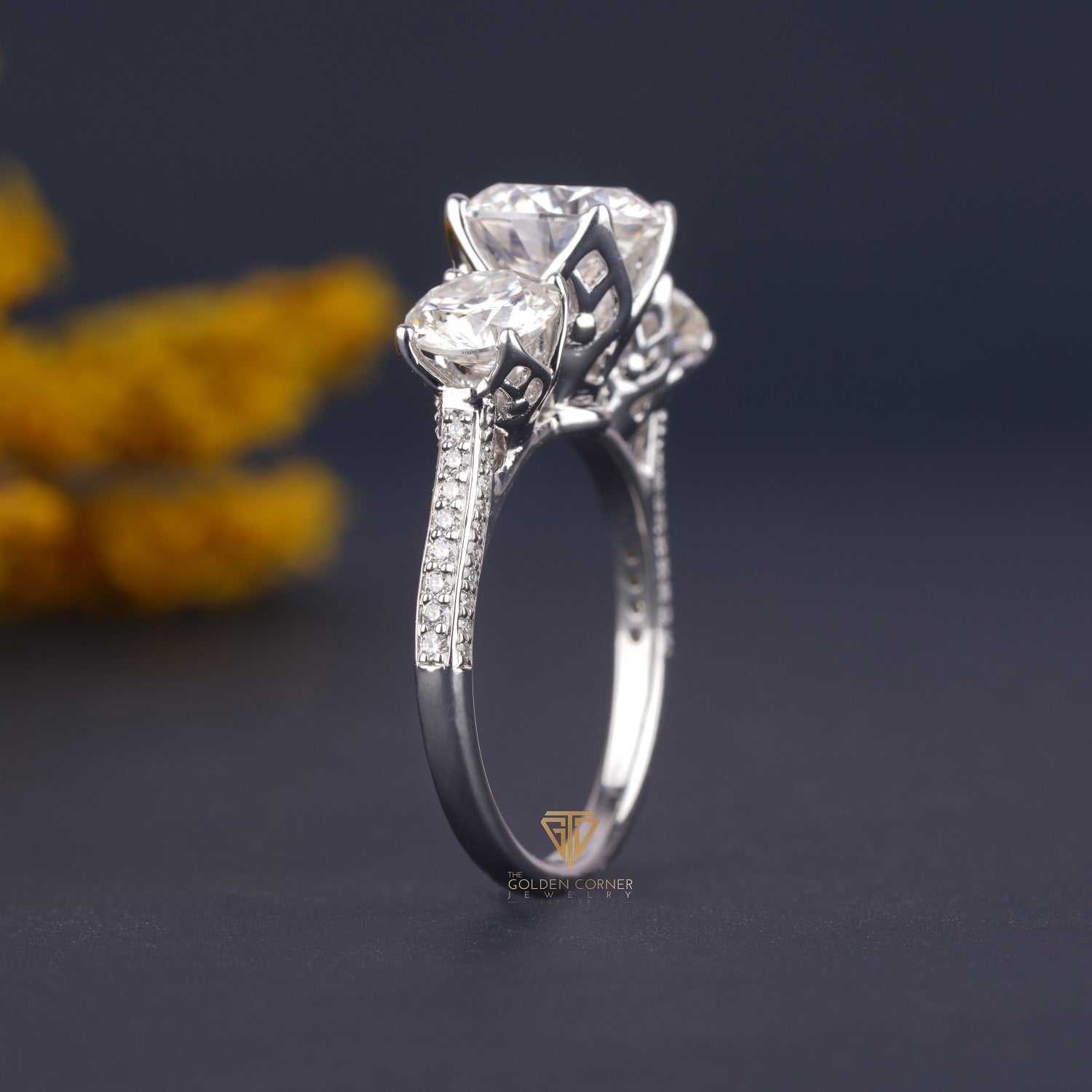 3.0 CT Three Stone Round Shape Moissanite Prong Set Ring