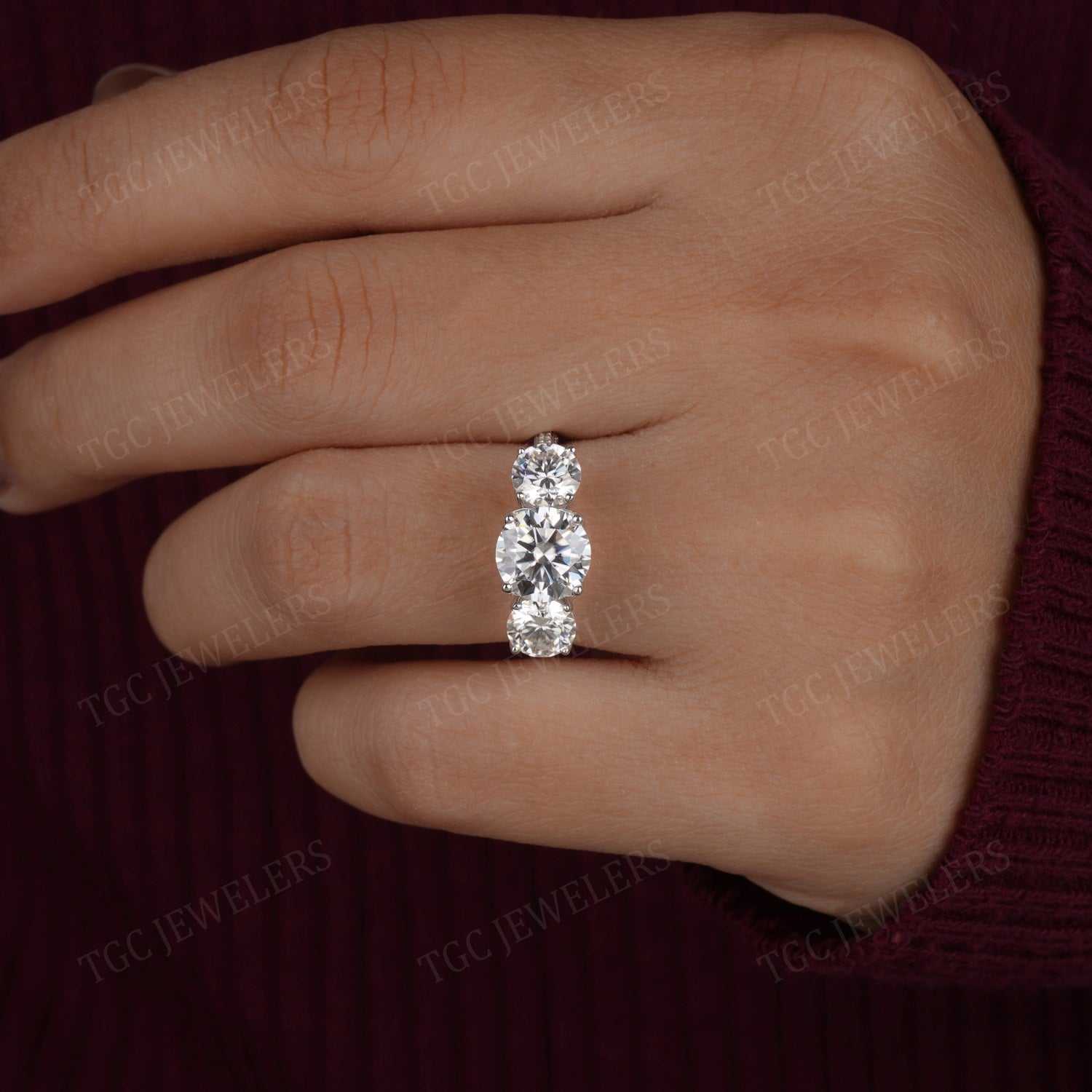 3.0 CT Three Stone Round Shape Moissanite Prong Set Ring