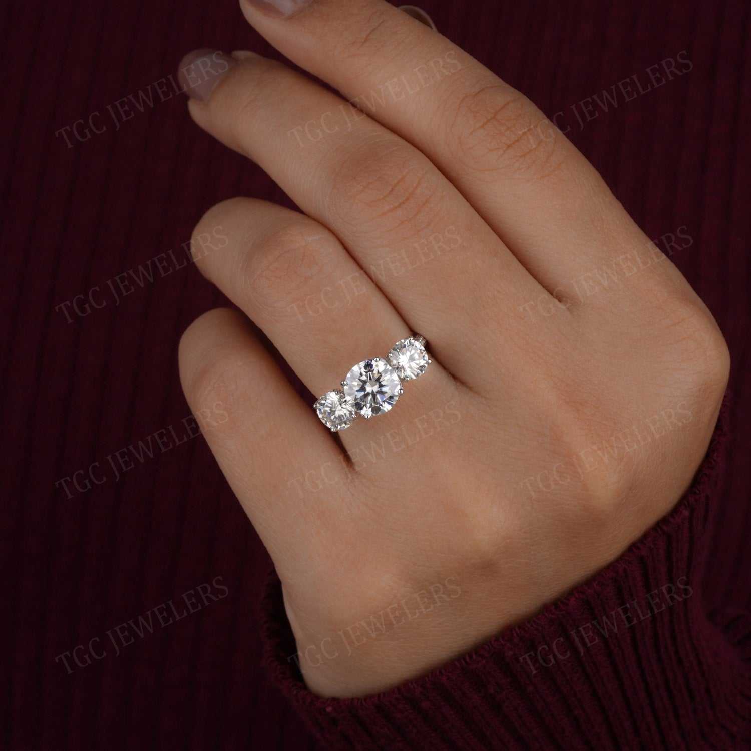 3.0 CT Three Stone Round Shape Moissanite Prong Set Ring