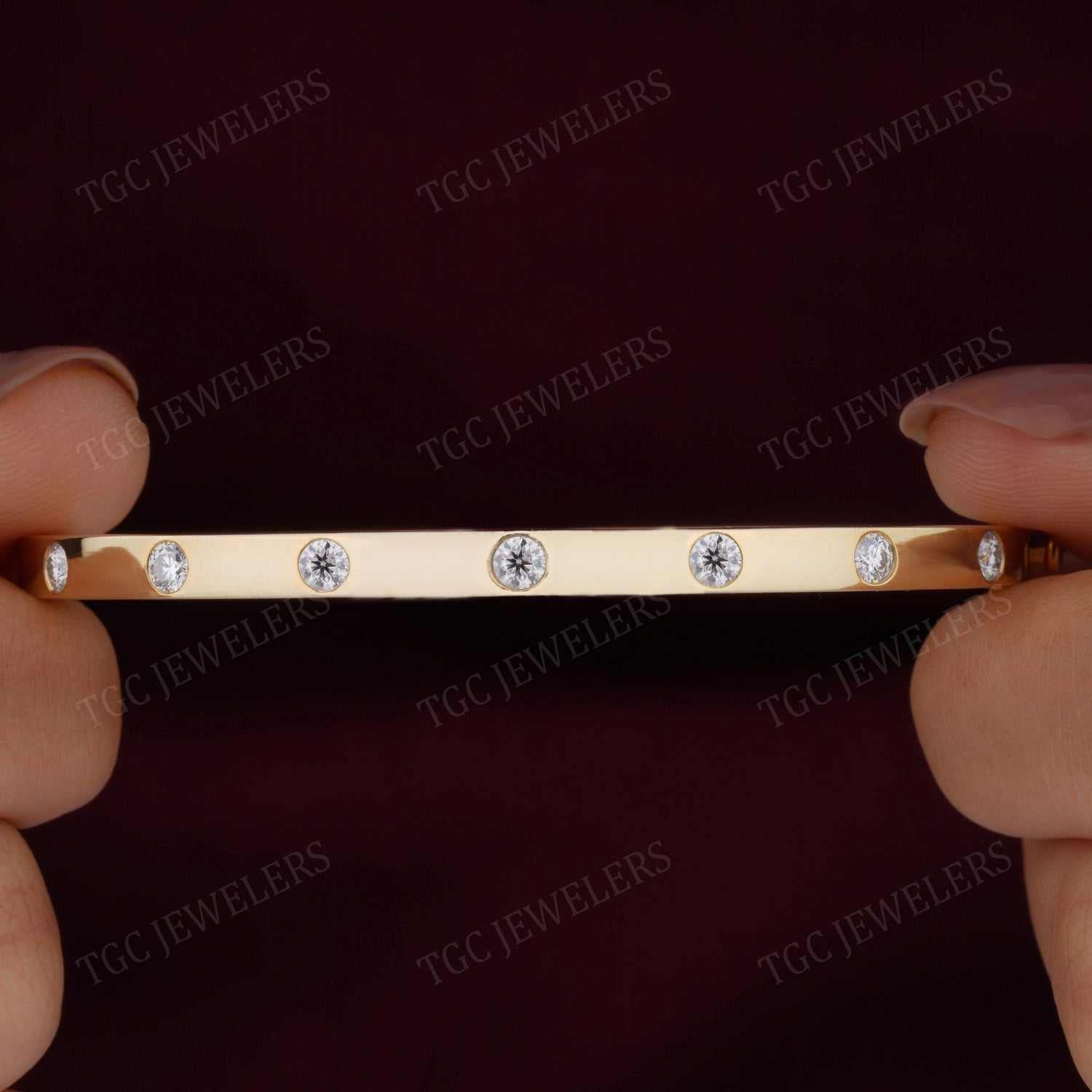 Flush Set Round Cut Moissanite Diamond Delicate Bangle