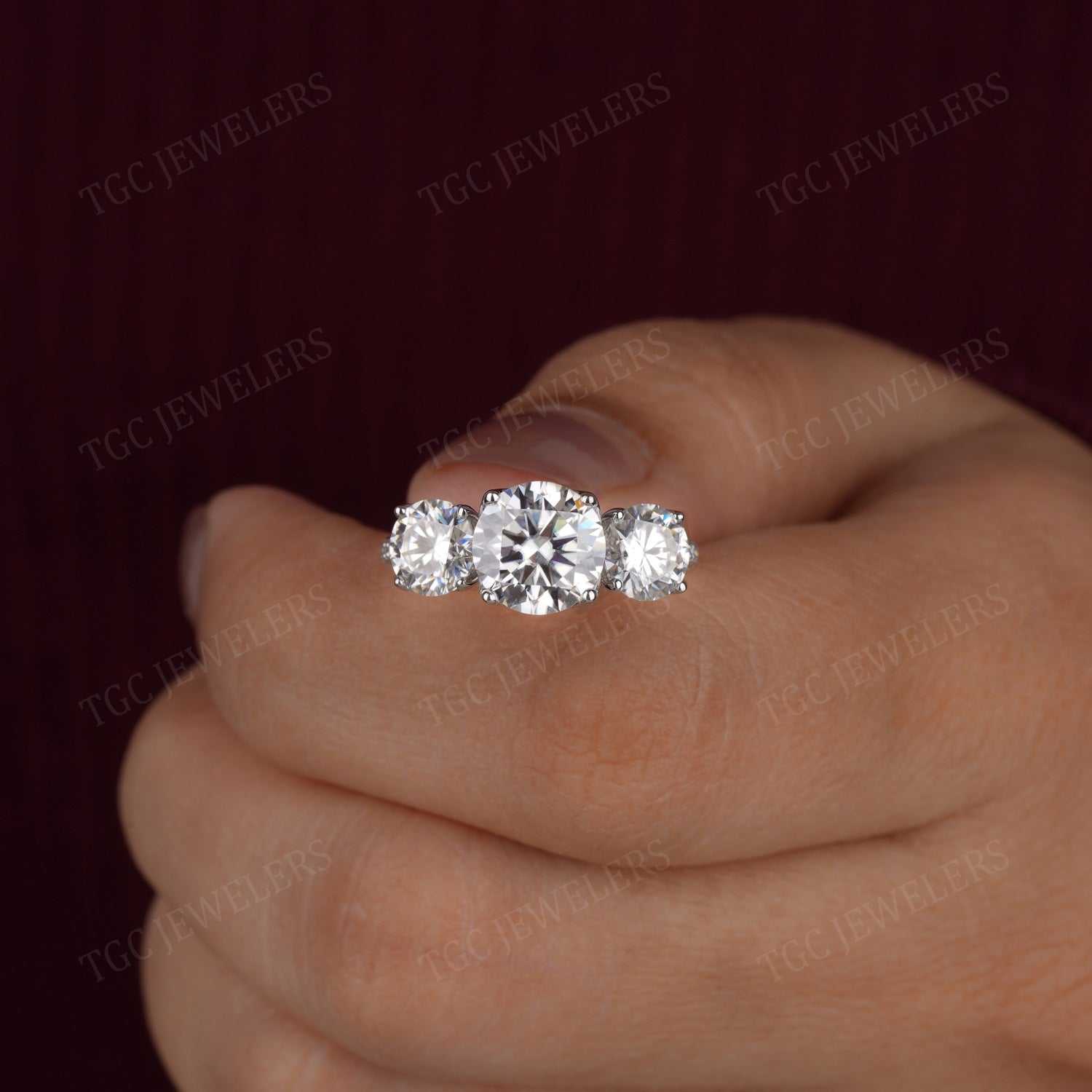 3.0 CT Three Stone Round Shape Moissanite Prong Set Ring