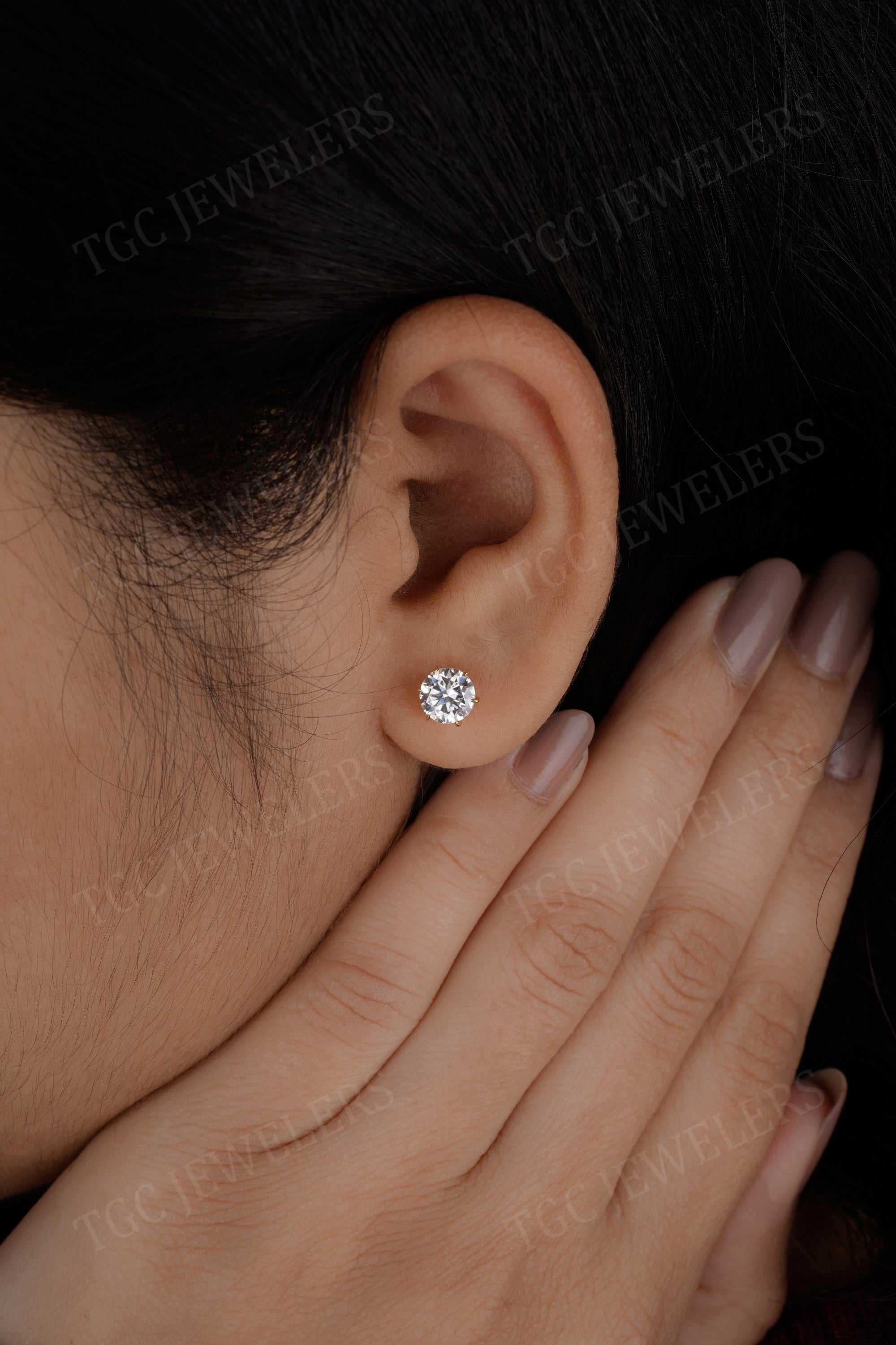 Moissanite Solitaire Stud six Prong Screw Back Stacking Earrings